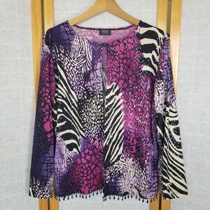 MSK Women Open Front Cardigan Jacket 1X  Animal Print Purple Beading Zebra
